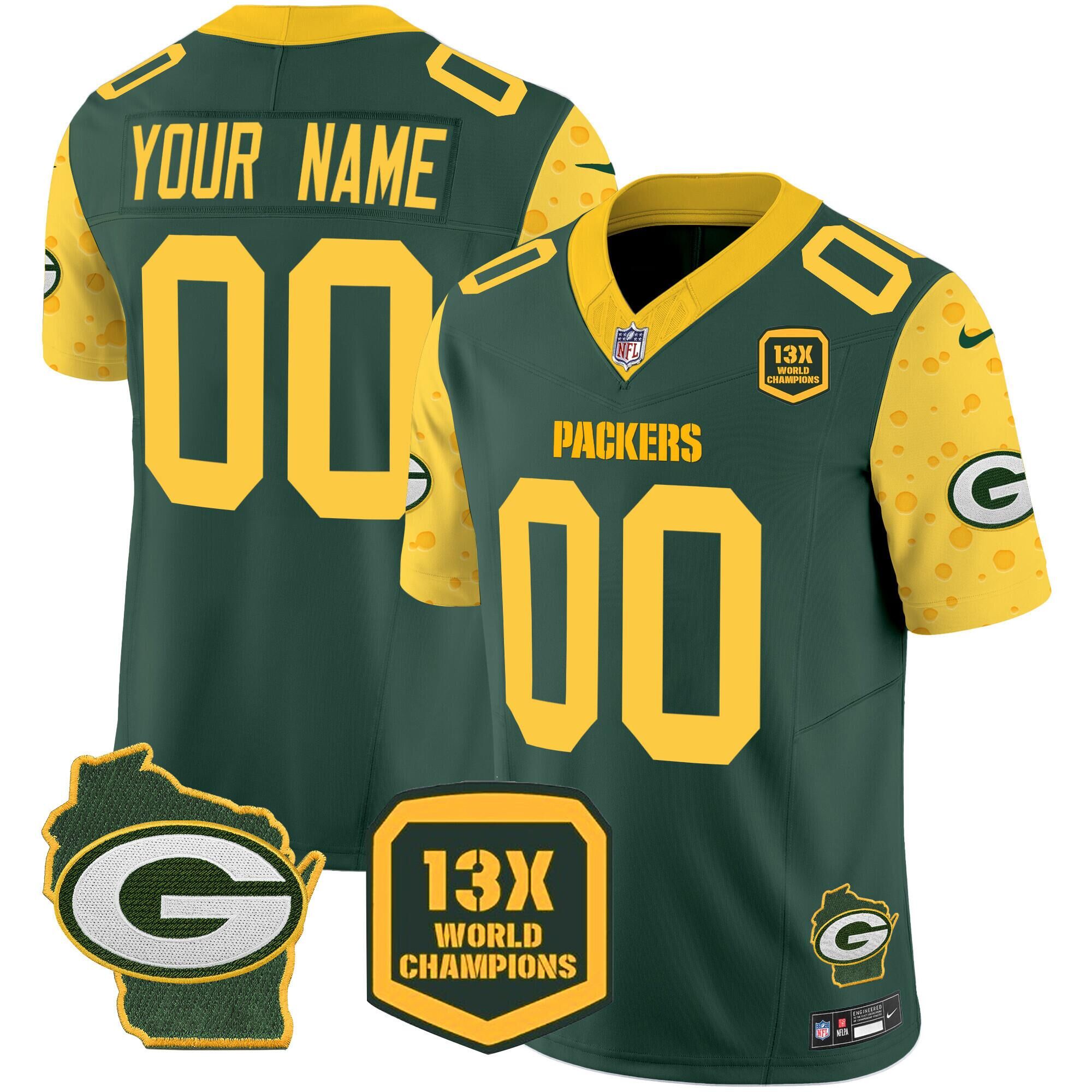 Men's Green Bay Packers ACTIVE PLAYER Custom Cheese Green 2024 F.U.S.E. Home Patch 13 Time World Champions Vapor Untouchable Limited Stitched Football Jersey Men's Green Bay Packers ACTIVE PLAYER Custom Cheese Green 2024 F.U.S.E. Home Patch 13 Time World Champions Vapor Untouchable Limited Stitched Football Jersey